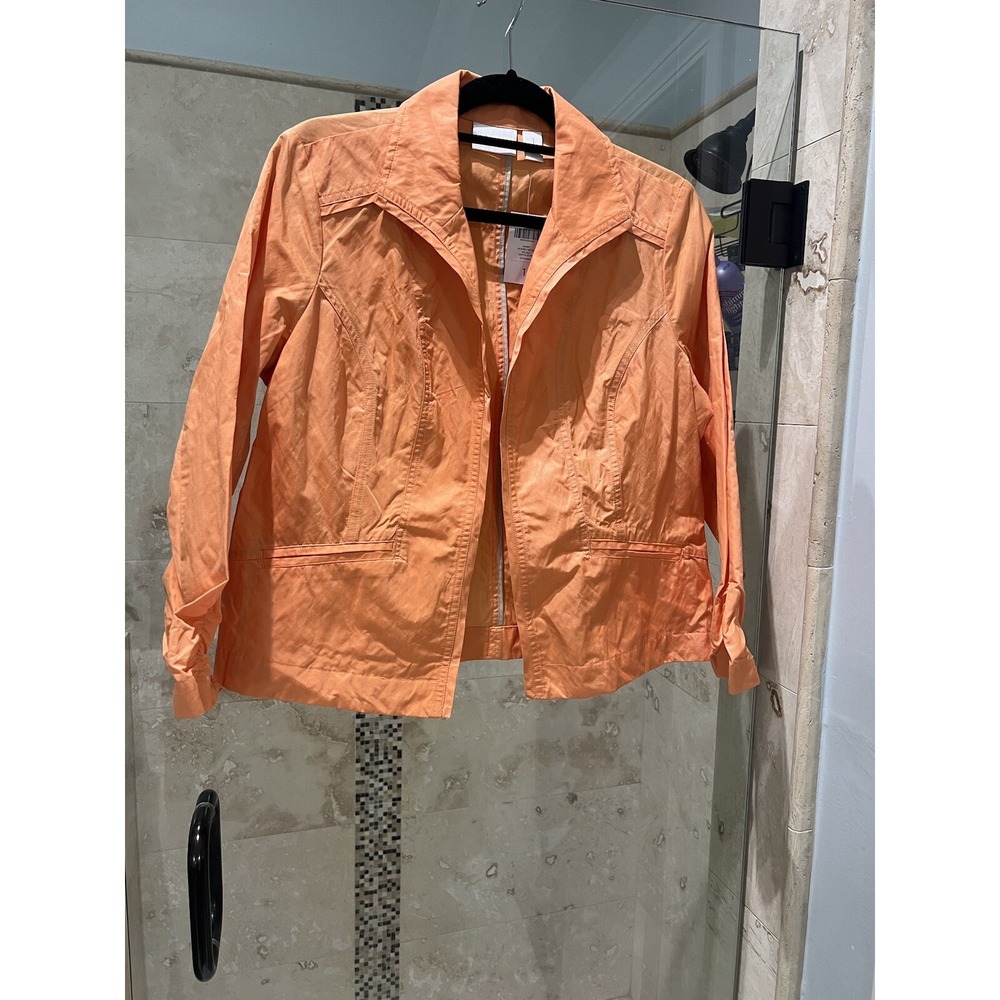 Chico's 1 Medium Lightweight Blazer Top Ruched Orange Crinkle NWT